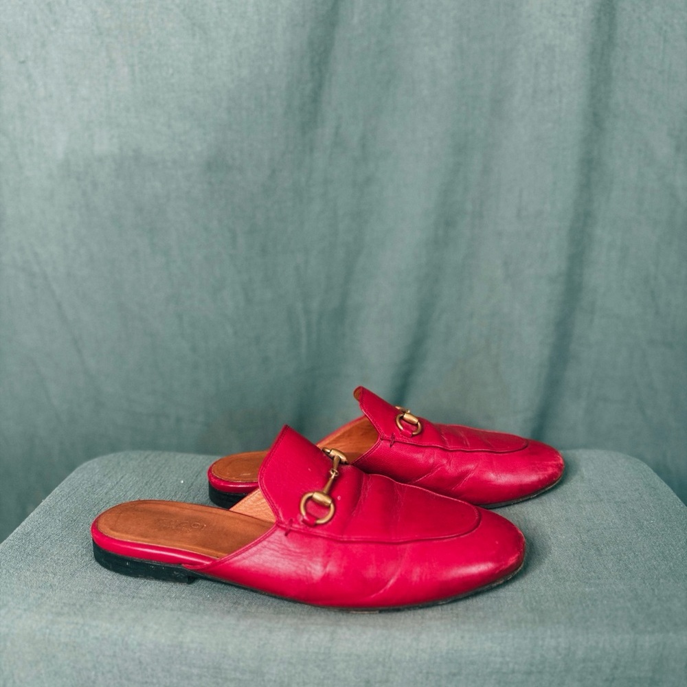 Gucci Red Mules with Gold Horsebit Detail